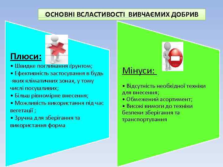 ОСНОВНІ ВСЛАСТИВОСТІ ВИВЧАЄМИХ ДОБРИВ Плюси: • Швидке поглинання ґрунтом; • Ефективність застосування в будь