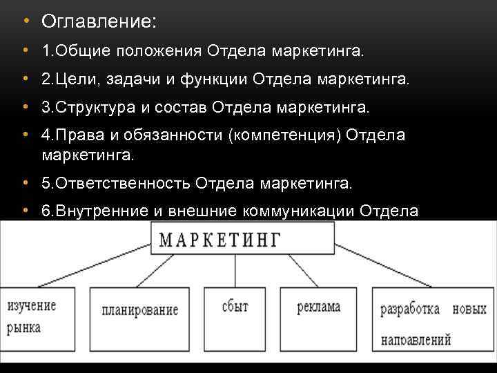  • Оглавление: • 1. Общие положения Отдела маркетинга. • 2. Цели, задачи и