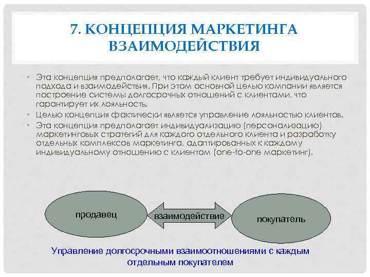 7. КОНЦЕПЦИЯ МАРКЕТИНГА ВЗАИМОДЕЙСТВИЯ • Эта концепция предполагает, что каждый клиент требует индивидуального подхода