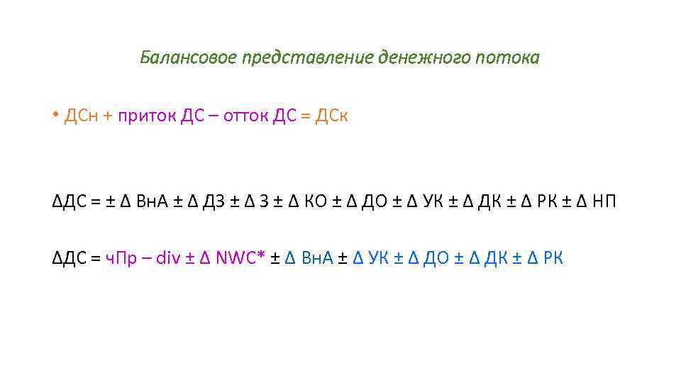 Балансовое представление денежного потока • ДСн + приток ДС – отток ДС = ДСк