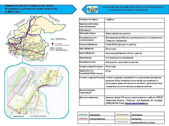 Тюменская область, Тобольский район, Малозоркальцевское сельское поселение, д. Шестакова Инвестиционная площадка Для объектов производственного