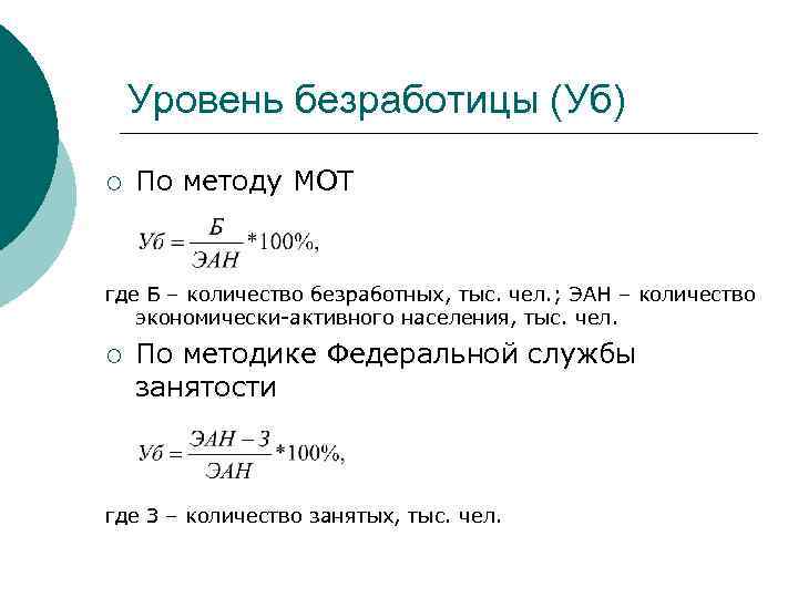 Уровень безработицы (Уб) ¡ По методу МОТ где Б – количество безработных, тыс. чел.