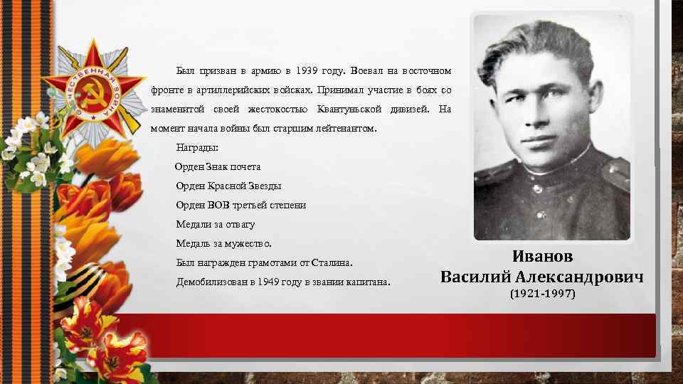 Был призван в армию в 1939 году. Воевал на восточном фронте в артиллерийских войсках.