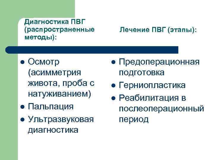 Диагностика ПВГ (распространенные методы): l l l Осмотр (асимметрия живота, проба с натуживанием) Пальпация