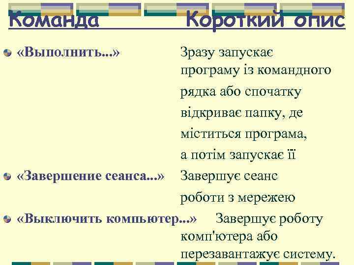 Команда «Выполнить. . . » Короткий опис Зразу запускає програму із командного рядка або