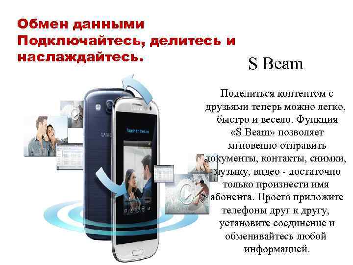 Обмен данными Подключайтесь, делитесь и наслаждайтесь. S Beam Поделиться контентом с друзьями теперь можно