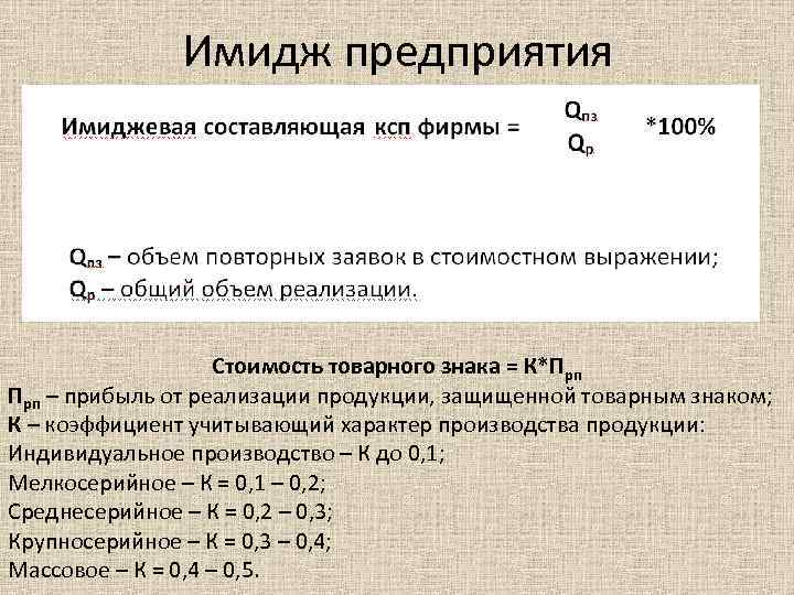 Имидж предприятия Стоимость товарного знака = К*Прп – прибыль от реализации продукции, защищенной товарным