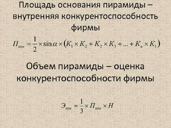 Площадь основания пирамиды – внутренняя конкурентоспособность фирмы Объем пирамиды – оценка конкурентоспособности фирмы 