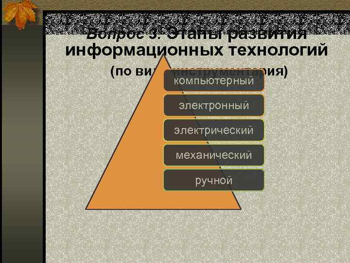 Вопрос 3. Этапы развития информационных технологий (по виду инструментария) компьютерный электронный электрический механический ручной