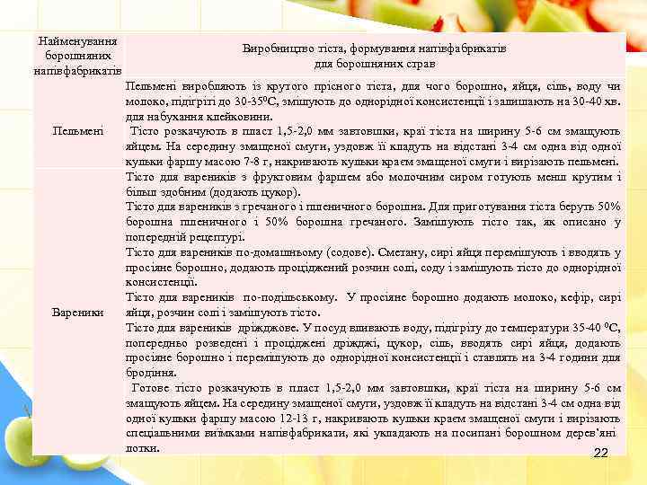 Найменування борошняних напівфабрикатів Пельмені Вареники Виробництво тіста, формування напівфабрикатів для борошняних страв Пельмені виробляють