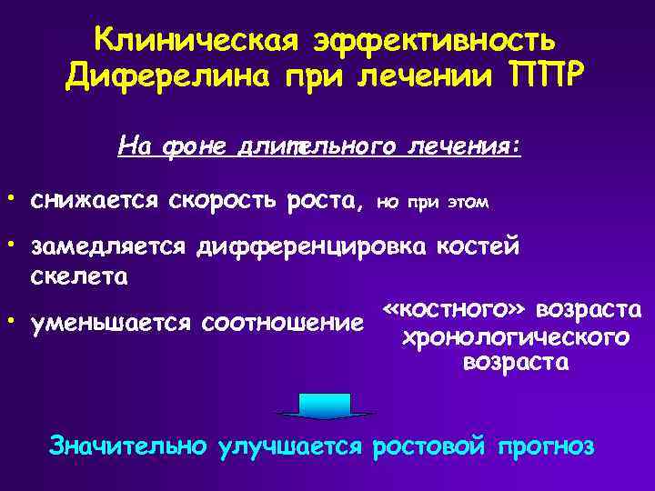 Клиническая эффективность Диферелина при лечении ППР На фоне длительного лечения: • снижается скорость роста,