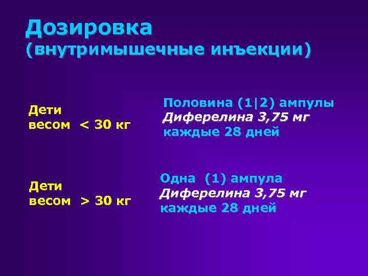 Дозировка (внутримышечные инъекции) Дети весом < 30 кг Половина (1|2) ампулы Диферелина 3, 75