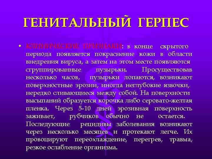 ГЕНИТАЛЬНЫЙ ГЕРПЕС • КЛИНИЧЕСКИЕ ПРИЗНАКИ: в конце скрытого периода появляется покраснение кожи в области