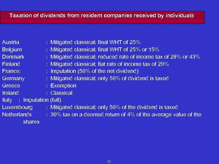 Taxation of dividends from resident companies received by individuals Austria : Mitigated classical; final