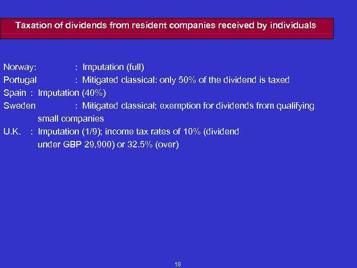 Taxation of dividends from resident companies received by individuals Norway: : Imputation (full) Portugal