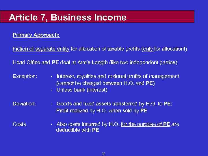 Article 7, Business Income Primary Approach: Fiction of separate entity for allocation of taxable