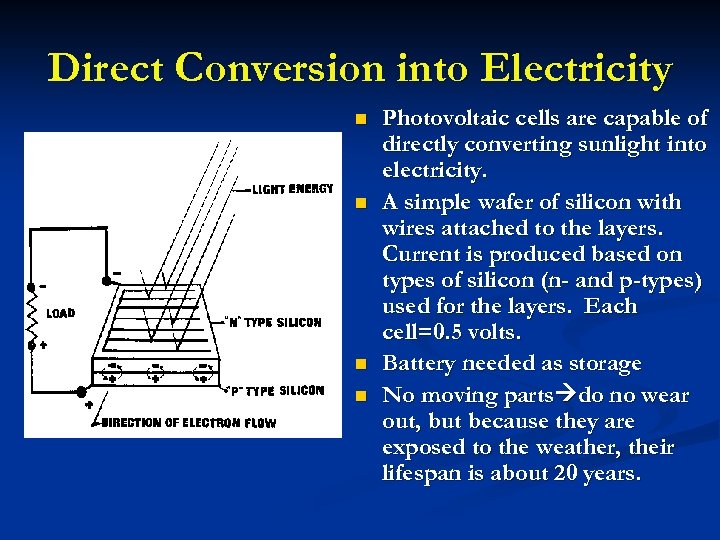 Direct Conversion into Electricity n n Photovoltaic cells are capable of directly converting sunlight