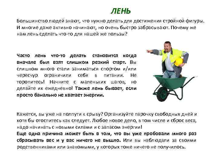 ЛЕНЬ Большинство людей знают, что нужно делать для достижения стройной фигуры. И многие даже