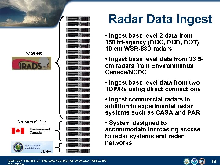 Radar Data Ingest WSR-88 D • Ingest base level 2 data from 158 tri-agency