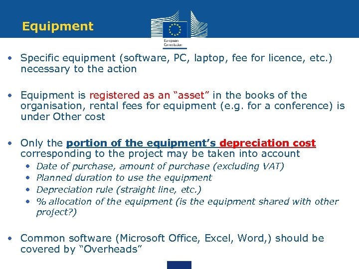 Equipment • Specific equipment (software, PC, laptop, fee for licence, etc. ) necessary to