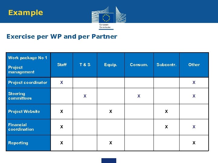 Example Exercise per WP and per Partner Work package No 1 Project management Project