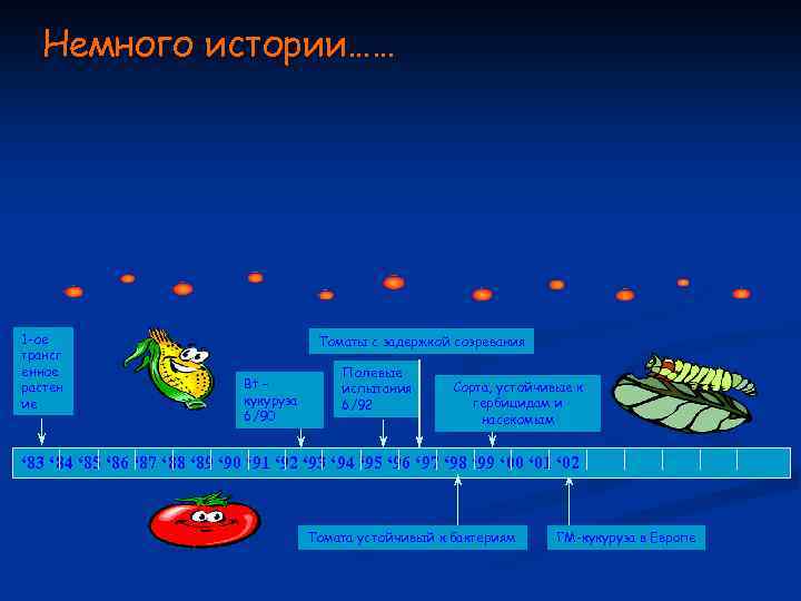 Немного истории…… 1 -ое трансг енное растен ие Томаты с задержкой созревания Bt –