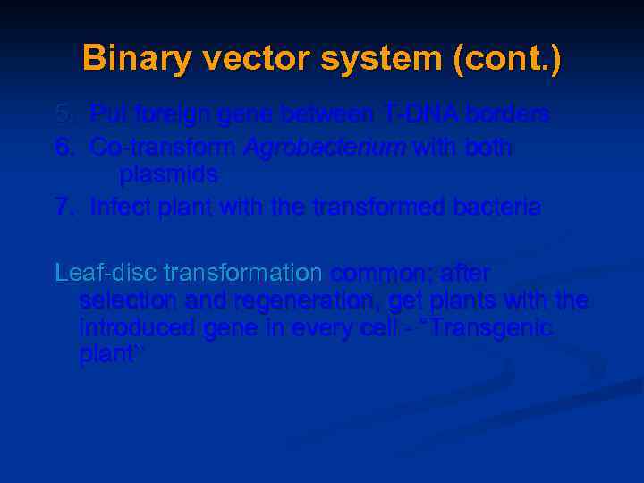 Binary vector system (cont. ) 5. Put foreign gene between T-DNA borders 6. Co-transform