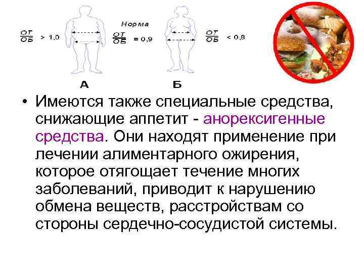  • Имеются также специальные средства, снижающие аппетит - анорексигенные средства. Они находят применение