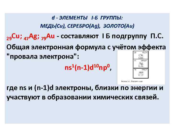 d - ЭЛЕМЕНТЫ I-Б ГРУППЫ: МЕДЬ(Cu), СЕРЕБРО(Ag), ЗОЛОТО(Au) 29 Cu; 47 Ag; 79 Au