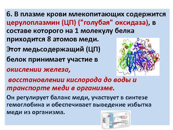 6. В плазме крови млекопитающих содержится церулоплазмин (ЦП) ("голубая" оксидаза), в составе которого на