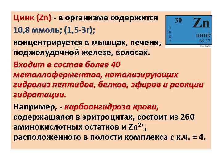 Цинк (Zn) - в организме содержится 10, 8 ммоль; (1, 5 -3 г); концентрируется