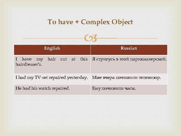 To have + Complex Object English I have my hairdresser′s. hair Russian cut at
