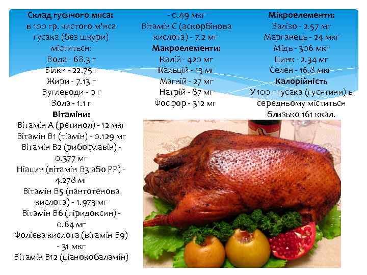 Склад гусячого мяса: в 100 гр. чистого м'яса гусака (без шкури) міститься: Вода -