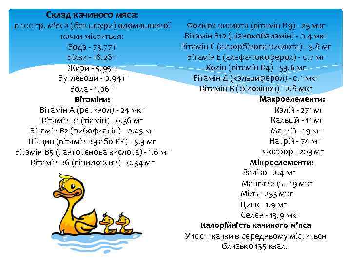 Склад качиного мяса: в 100 гр. м'яса (без шкури) одомашненої качки міститься: Вода -