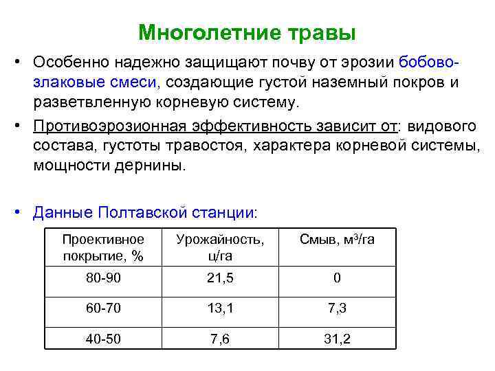 Многолетние травы • Особенно надежно защищают почву от эрозии бобовозлаковые смеси, создающие густой наземный