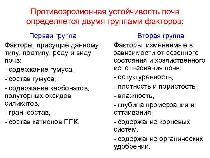 Противоэрозионная устойчивость почв определяется двумя группами факторов: Первая группа Факторы, присущие данному типу, подтипу,