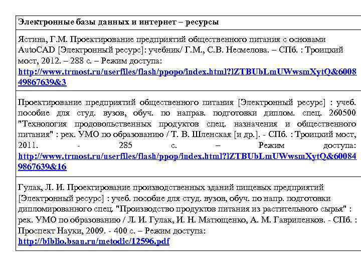 Электронные базы данных и интернет – ресурсы Ястина, Г. М. Проектирование предприятий общественного питания