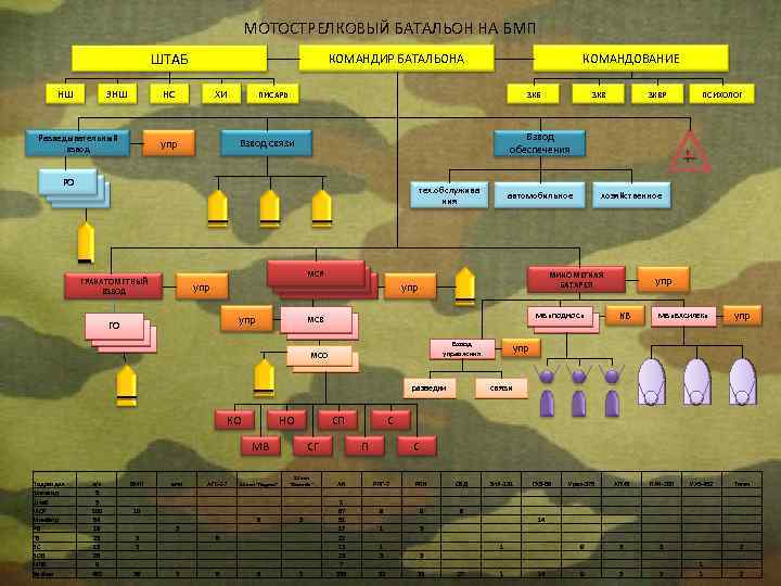 МОТОСТРЕЛКОВЫЙ БАТАЛЬОН НА БМП ШТАБ НШ ЗНШ КОМАНДИР БАТАЛЬОНА НС Разведывательный взвод ХИ КОМАНДОВАНИЕ