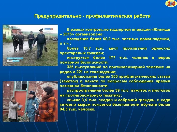 14 Предупредительно - профилактическая работа В рамках контрольно-надзорной операции «Жилище – 2015» организовано: посещение