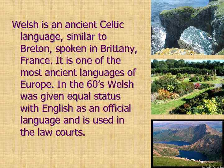 Welsh is an ancient Celtic language, similar to Breton, spoken in Brittany, France. It