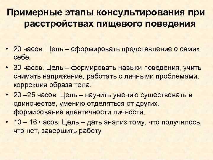 Примерные этапы консультирования при расстройствах пищевого поведения • 20 часов. Цель – сформировать представление