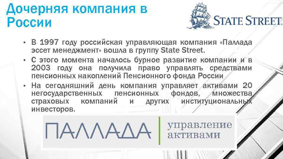 Дочерняя компания в России В 1997 году российская управляющая компания «Паллада эссет менеджмент» вошла