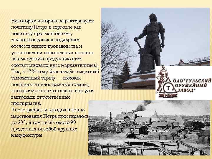 Некоторые историки характеризуют политику Петра в торговле как политику протекционизма, заключающуюся в поддержке отечественного