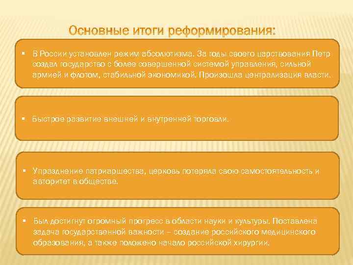 § В России установлен режим абсолютизма. За годы своего царствования Петр создал государство с