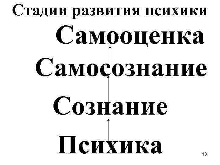 Стадии развития психики Самооценка Самосознание Сознание Психика 13 