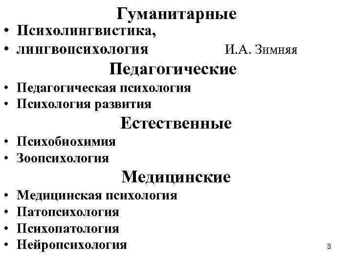 Гуманитарные • Психолингвистика, • лингвопсихология И. А. Зимняя Педагогические • Педагогическая психология • Психология