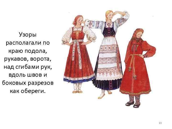 Узоры располагали по краю подола, рукавов, ворота, над сгибами рук, вдоль швов и боковых