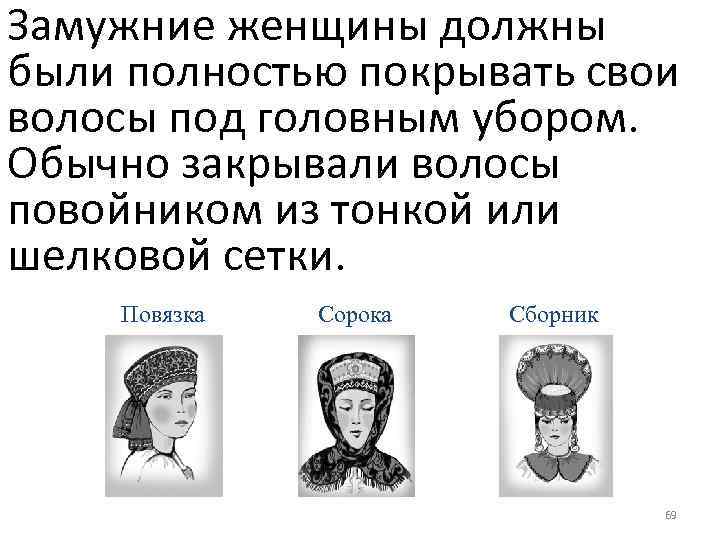 Замужние женщины должны были полностью покрывать свои волосы под головным убором. Обычно закрывали волосы
