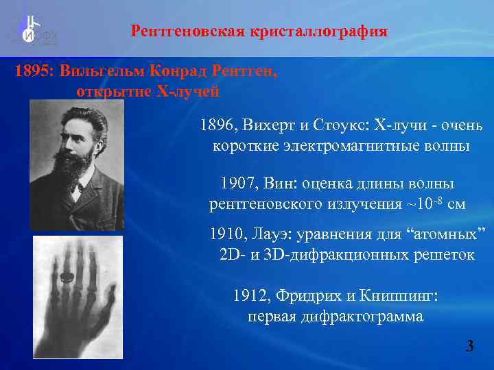 Рентгеновская кристаллография 1895: Вильгельм Конрад Рентген, открытие Х-лучей 1896, Вихерт и Стоукс: Х-лучи -
