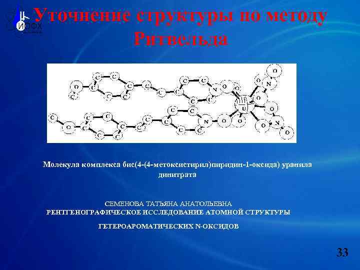 Уточнение структуры по методу Ритвельда Молекула комплекса бис(4 -(4 -метоксистирил)пиридин-1 -оксида) уранила динитрата СЕМЕНОВА